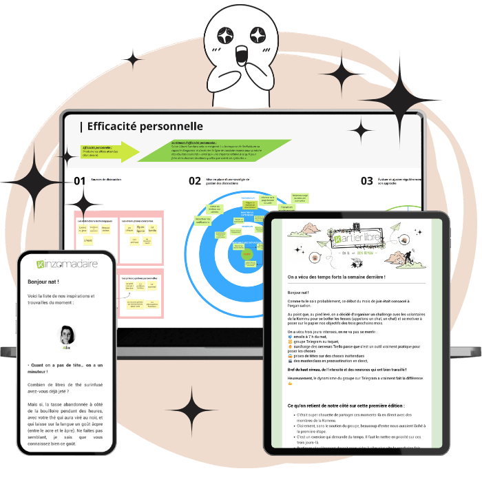 contenu à télécharger avec suppléments Un ordinateur affichant le contenu à télécharger avec, sur la gauche, un smartphone qui affiche une Kinzomadaire et, à droite, une tablette qui affiche un Kartier libre. Le tout est entouré d'étoile, avec un petit bonhomme qui est émerveillé.