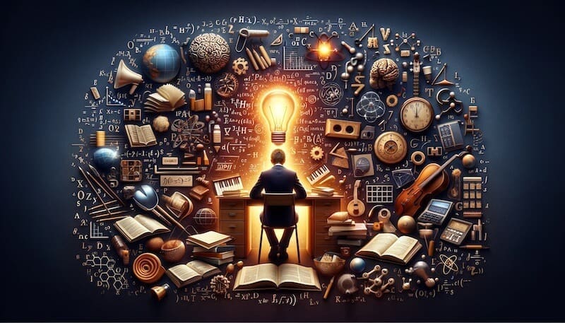 Un multipotentiel assis au bureau avec plusieurs domaines de competences Un multipotentiel assis au bureau avec plusieurs domaines de competences