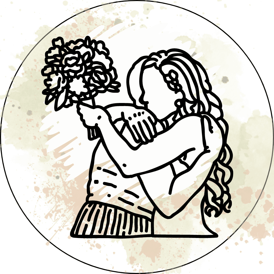 Le-repos-social Une personne faisant un câlin à un être cher tout en tenant un bouquet de fleurs, symbolisant la restauration émotionnelle et le réconfort que procurent les connexions sincères et positives avec des personnes aimées. Cela montre le pouvoir apaisant des relations bienveillantes et affectueuses.