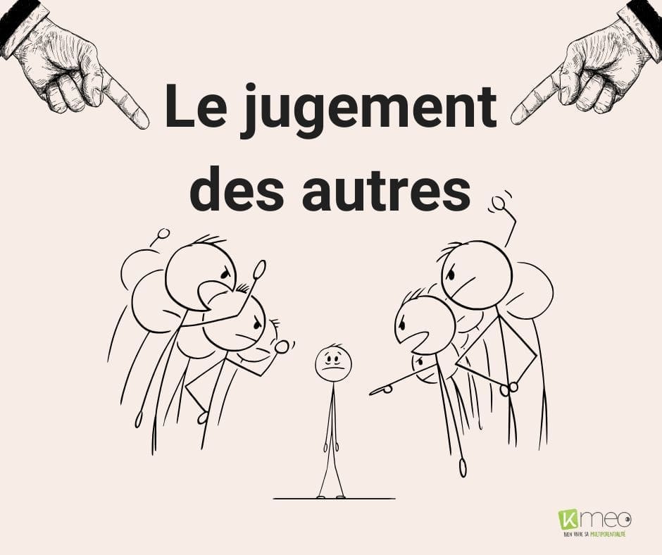 Illustration-jugement Illustration représentant une personne au centre, entourée de personnages en bâton qui semblent la juger avec des gestes accusateurs et des expressions agressives. Deux grandes mains pointent également vers la personne isolée depuis le haut de l'image.