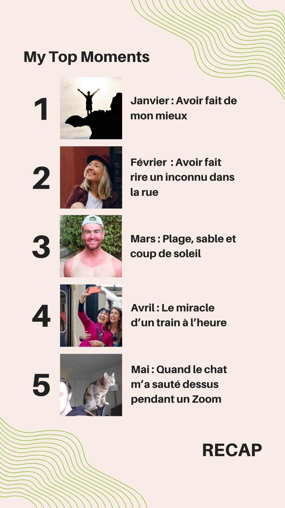 Spotify-Wrapped-moments Un récapitulatif des moments marquants intitulé "My Top Moments" avec une liste de cinq éléments, chacun accompagné d'une photo. Photo d'une personne debout sur une falaise, bras levés en signe de victoire, avec le texte : "Janvier : Avoir fait de mon mieux". Photo d'une femme souriante avec un chapeau rouge, avec le texte : "Février : Avoir fait rire un inconnu dans la rue". Photo d'un homme avec un coup de soleil sur les épaules et le torse, avec le texte : "Mars : Plage, sable et coup de soleil". Photo de deux femmes joyeuses prenant un selfie devant un train, avec le texte : "Avril : Le miracle d’un train à l’heure". Photo d'un chat sur l'épaule d'une personne lors d'une réunion en visioconférence, avec le texte : "Mai : Quand le chat m’a sauté dessus pendant un Zoom". En bas, à droite, le mot "RECAP" est écrit en lettres majuscules noires. Le fond est beige avec des lignes ondulées vertes dans le coin supérieur droit.
