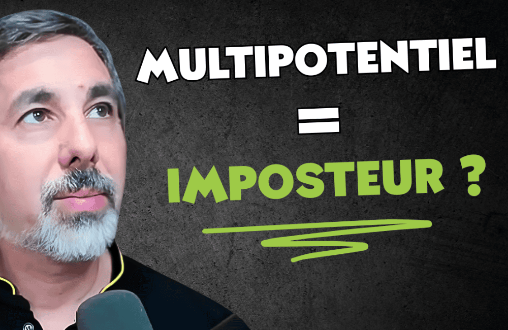 Julien De Lopez à côté du texte « Multipotentiel = imposteur ? » sur fond sombre
