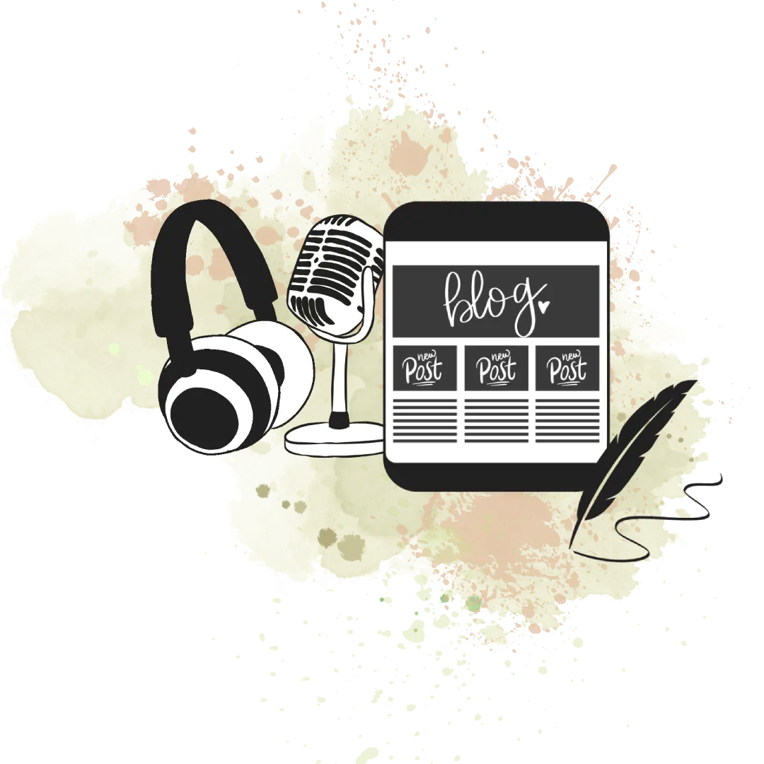 Casque, micro de podcast, tablette et plume d'écriture