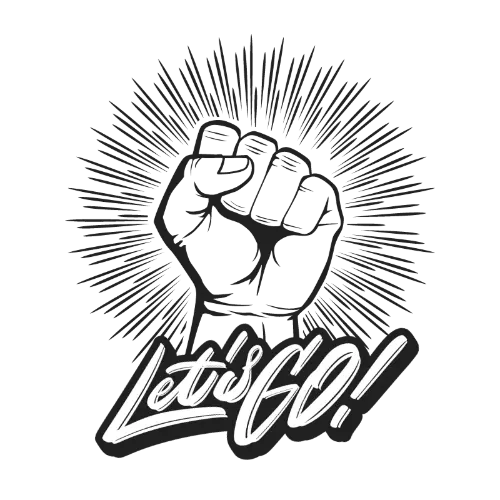 rejoins-la-kommu Poing levé en mode déterminé, avec le texte "Let's go" inscrit en-dessous