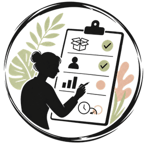 katalyst-faire-le-point-activite-transparent - 300 Illustration d’une entrepreneure faisant le point sur son activité : offre, clients, résultats et gestion du temps.